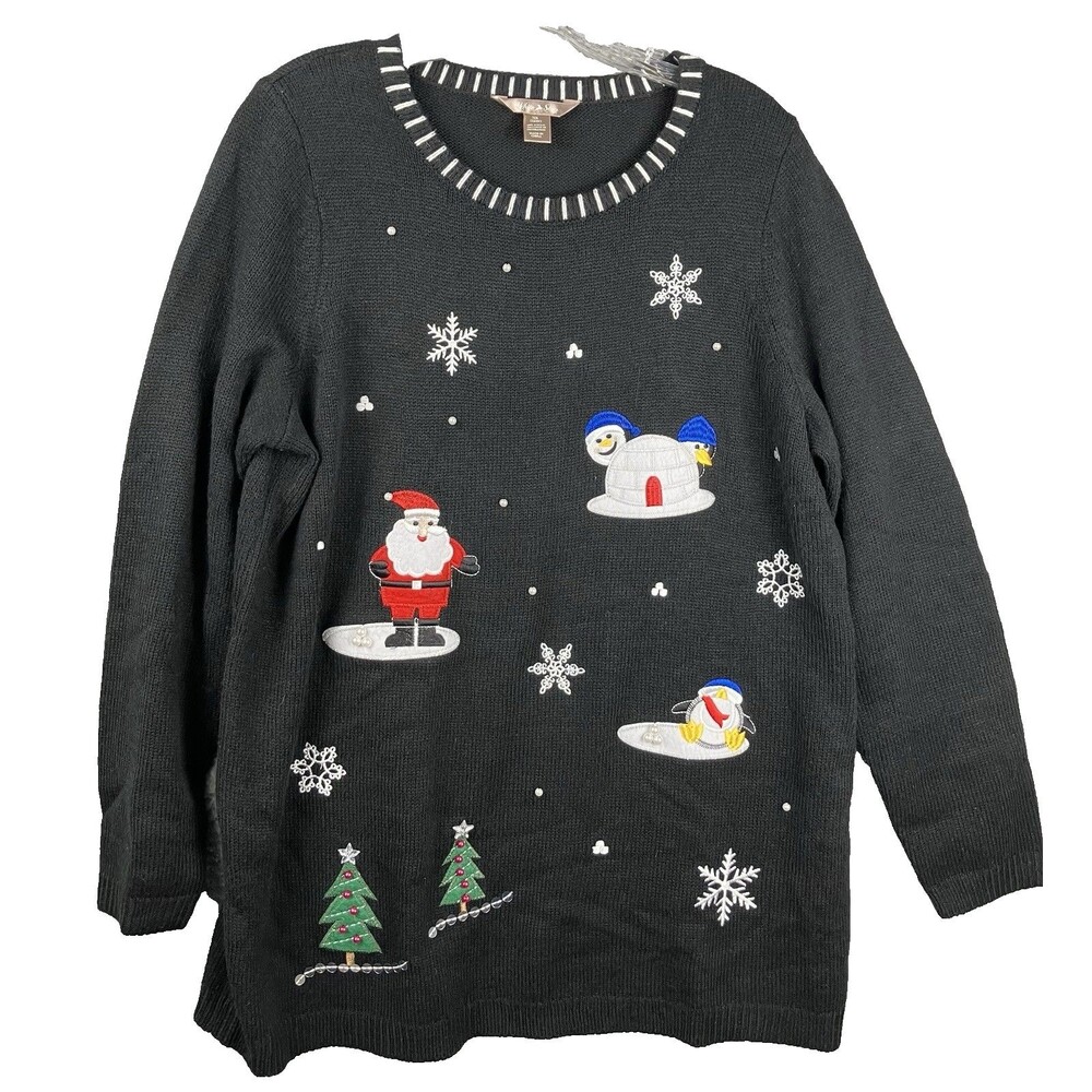 White Stag 3D Beaded Christmas Sweater Size 1X 16W Embroidered Applique & Sequin